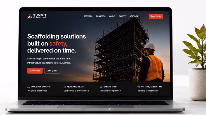 Laptop displaying an example website built for a construction business