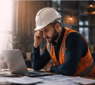 Construction worker frustrated looking at a laptop